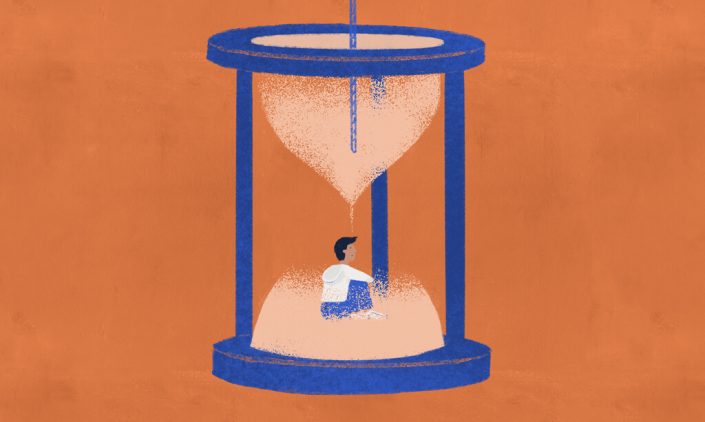 Illustration of man waiting in a sand timer with rope at the top